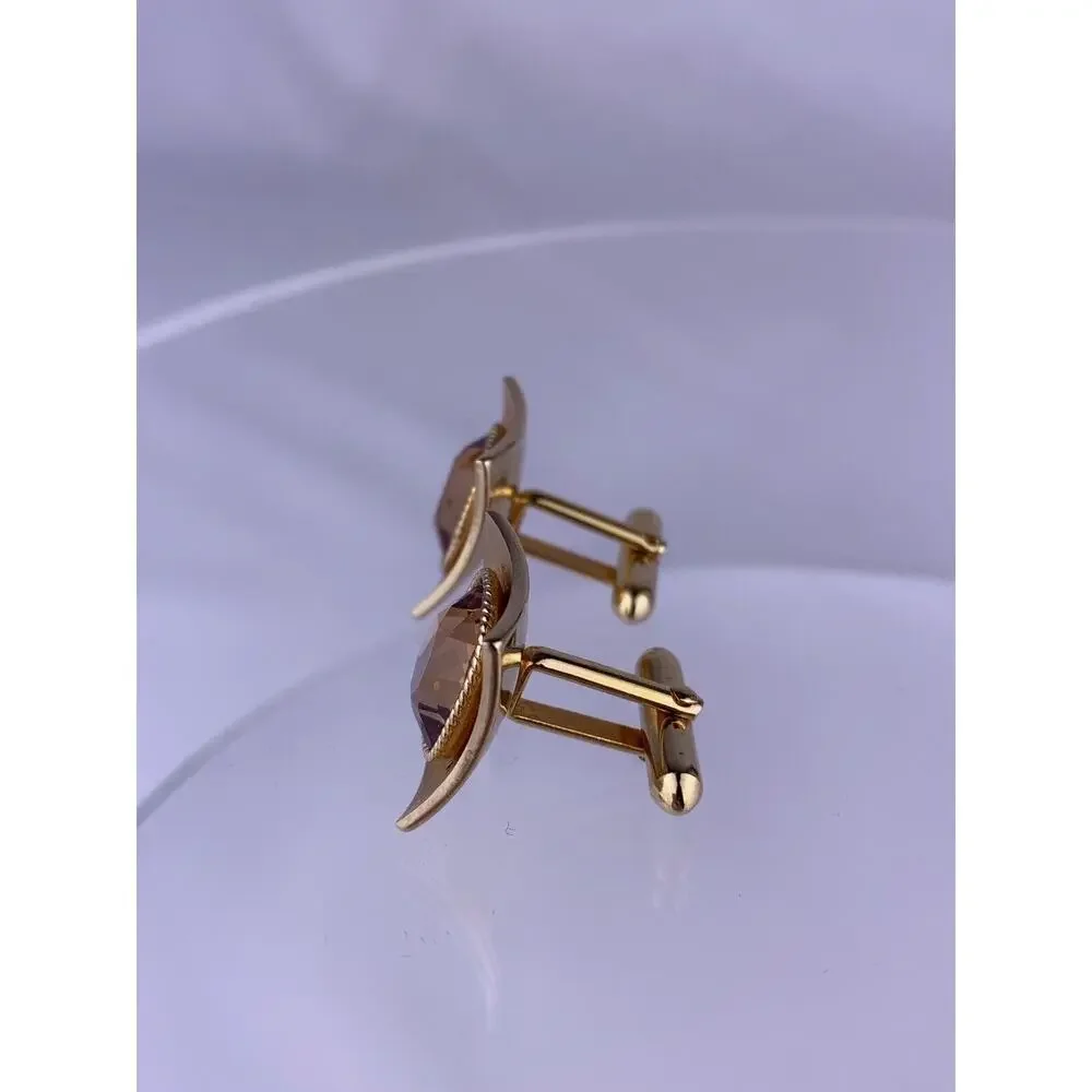 Brown Crystal Rhinestone Gold Tone Cufflinks Curved Statement Swank Vintage